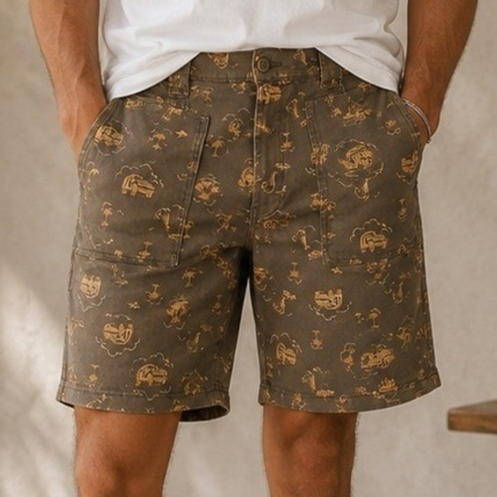Mutual Weave Mens Utility Shorts 42 Olive Green Novelty Tropical Adventure Print